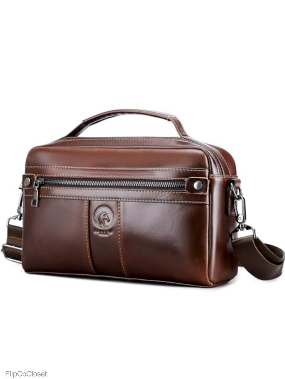 Genuine Cowhide Leather Crossbody Bag Fits 8in Tablet Multi-Pocket